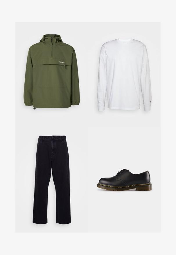 Olivgrüne Anorak-Jacke aus weichem, leichtem Stoff. Mit halbem Reißverschluss, verstellbarer Kapuze und Fronttasche. Mit elastischen Bündchen.; Weißes Langarm-T-Shirt aus Baumwolle. Rundhals-Design mit gerippten Bündchen und kleinem Logo auf dem linken Ärmel. Glatte Textur.; Schwarze Jeanshose mit geradem Bein, ausgestattet mit einem Knopf- und Reißverschluss, Gürtelschlaufen und minimalen Nähdetails.; Schwarzer Lederschuh mit abgerundeter Zehenpartie, Schnürdesign, gelbe Stickerei entlang der Sohle und einer kräftigen, strukturierten Gummisohle.