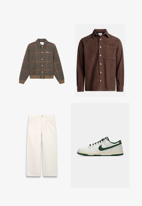 Veste en tartan marron avec des lignes orange, devant à boutons, col et ourlet côtelé. Présente une broderie de logo sur la poitrine. Texture douce.; Chemise en velours côtelé marron avec un col boutonné, poche avant, boutons blancs et manches longues avec des poignets boutonnés. Détail de tissu texturé.; Jean large blanc en denim, dotés d'une fermeture à bouton, de cinq poches et de détails de couture subtils. Design épuré et minimaliste.; Baskets basses blanches avec un swoosh Nike vert foncé, des lacets et des accents de semelle, présentées en profil sur un fond blanc uni.