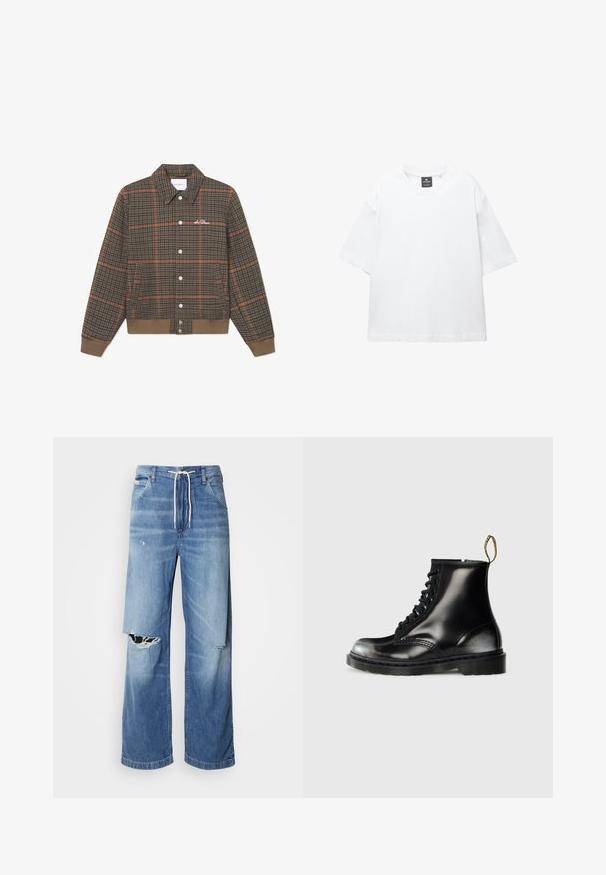Hnedý károvaný kabát s oranžovými pruhmi, zapínanie na gombíky vpredu, límec a ribované zakončenie. Obsahuje vyšívané logo na hrudi. Mäkká textura.; Biely krátky rukáv tričko vyrobené z bavlny, s okrúhlym výstrihom a voľným strihom so rovnomerným lemovaním. Bez vzorov alebo ozdôb.; Svetlomodré džíny s voľným strihom, so bielym šnúrkovým pásom a výraznými roztrhnutiami na prednej strane, ktoré odhaľujú rozstrapkané okraje.; Čierne kožené členkové topánky s lesklým povrchom, s ôsmymi otvorom pre šnurovanie, čiernymi šnúrkami a s náťahovým pútkom. Majú textúrovanú podrážku.