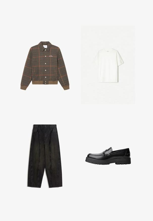 Hnedý károvaný kabát s oranžovými pruhmi, zapínanie na gombíky vpredu, límec a ribované zakončenie. Obsahuje vyšívané logo na hrudi. Mäkká textura.; Biele tričko s krátkym rukávom vyrobené z mäkkého bavlneného materiálu. S dizajnom s okrúhlym výstrihom, vo voľnom strihu, bez viditeľných log či vzorov.; Čierne nohavice s širokými nohavicami z denimu, viditeľné švy a rozstrapkané okraje, so zapracovanými prednými vreckami a vysokým pásom.; Čierne kožené mokasíny s masívnou podrážkou a dekoratívnym pásom cez hornú časť, zobrazené z ľavého bočného profilu na bielom pozadí.