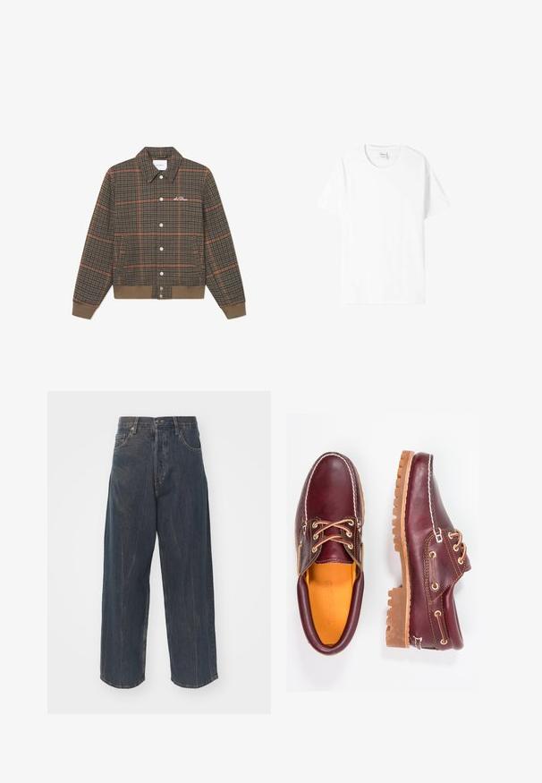 Brunternet ternet jakke med orange linjer, knaplukning fortil, krave og ribbede kanter. Udstyret med logostik på brystet. Blød tekstur.; Hvid bomulds T-shirt med korte ærmer, rund hals og afslappet pasform. Glat tekstur, ingen mønstre eller grafik, minimal branding på mærket.; Bredde ben mørkeblå denim jeans med subtilt slidte tekstur, fem lommer og en klassisk knap- og lynlåslukning i taljen.; Bordeaux lædersko med brune gummisåler, rund tå, hvid syning og gyldne snøringer. Indersiden har et gult for.