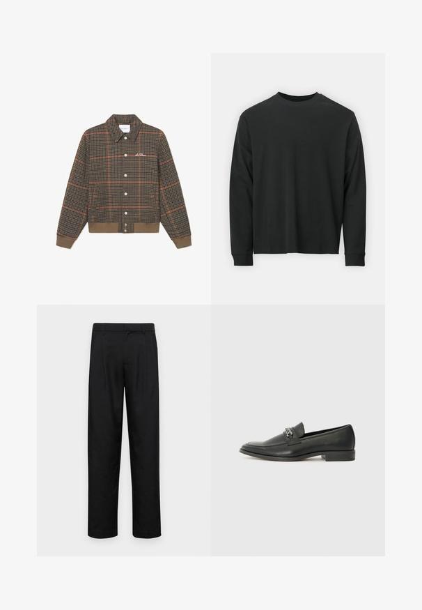 Braune Karojacke mit orangefarbenen Linien, Knopfleiste, Kragen und geripptem Saum. Mit Logo-Stickerei auf der Brust. Weicher Stoff.; Langärmliges schwarzes T-Shirt aus Baumwolle, mit Rundhalsausschnitt, lockerer Passform und gerippten Bündchen. Weiche Textur ohne sichtbare Muster.; Schwarze Hose aus glattem Stoff, mit geradem Bein Design, zwei vorderen Falten und einem Standardbund mit Gürtelschlaufen.; Schwarzer Lederloafer mit glatter Oberfläche, ausgestattet mit einer gesteppten Gestaltung und einem dekorativen Metallkettendetail über dem Vorderblatt. Flacher Absatz.