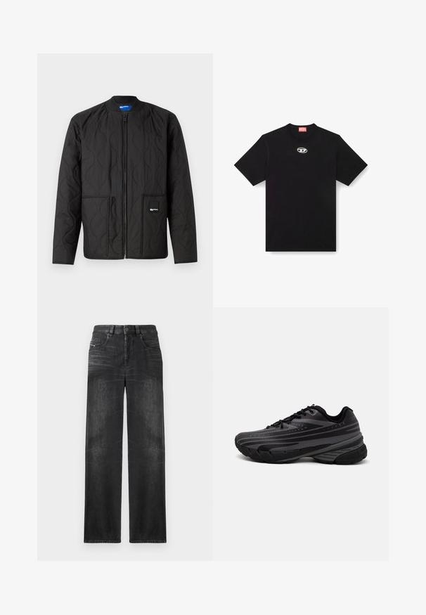 Black quilted jacket featuring a zipper closure, round collar, two front pockets, and a small branding tag on the lower pocket.; Black cotton t-shirt with a round neckline and short sleeves. Features a small, silver logo embroidered on the front center.; Black straight-leg jeans made of denim, featuring five pockets, belt loops, and subtle fading on the fabric for texture.; Black running shoe with a textured upper featuring gray stripes. Thick sole for cushioning, round toe, and flat laces for secure fit.