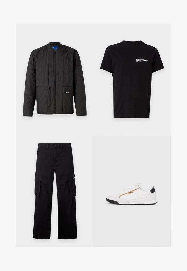 Černá prošívaná bunda s zipovým zapínáním, kulatým límcem, dvěma předními kapsami a malou značkovou visačkou na dolní kapse.; Černé tričko vyrobené z bavlny, s kulatým výstřihem a krátkými rukávy. Výrazný bílý text loga na levé části hrudi. Jednoduchý design.; Černé cargo kalhoty vyrobené z odolné látky, s rovnou nohavicí, bočními kapsami a zapínáním na knoflík.; Bílé sportovní boty s akcenty z meshe a kůže. Mají zlaté logo "BOSS", texturované boční panely a černý podpatek. Gumová podrážka.