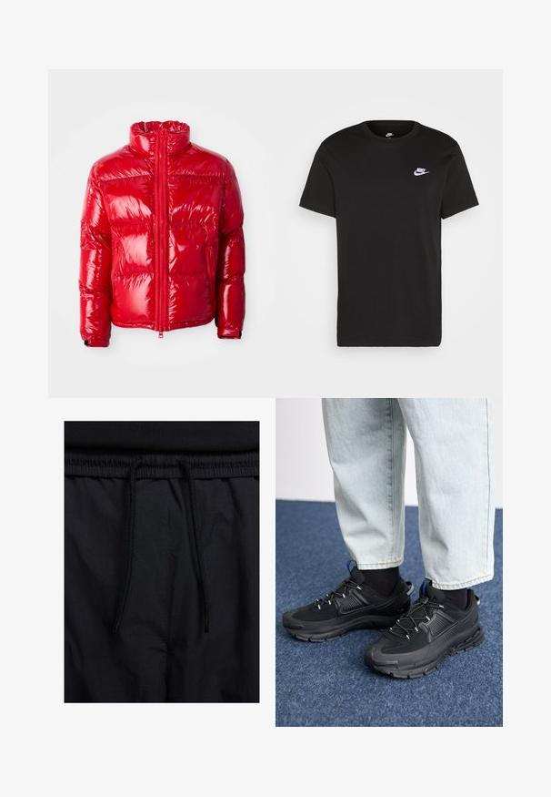 Casaco puffer vermelho feito de material brilhante e acolchoado. Apresenta um colarinho alto, fecho à frente e bolsos com zíper. Leve e com um design elegante.; T-shirt de algodão preto com mangas curtas, decote redondo e um pequeno logótipo da Nike em branco no canto superior esquerdo do peito. Textura suave. Ajuste clássico.; Calções pretos com um cós elástico ajustável, fabricados em tecido leve com uma textura suave e um design simples, sem logótipos ou padrões visíveis.; Sapatilhas desportivas pretas com tecido texturizado e solas em borracha, apresentando atacadores elásticos e um detalhe azul no calcanhar. Usadas com calças de ganga claras.