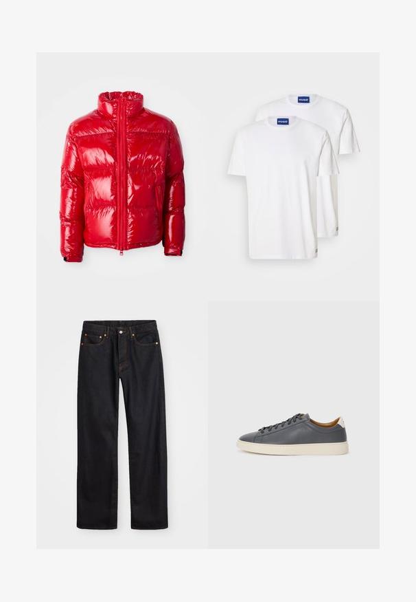 Rdeča puhovka iz sijočega, prešitega materiala. Ima visok ovratnik, sprednji zadrgo in žepke z zadrgo. Lahka in z eleganten dizajn.; Bela bombažna majica s kratkimi rokavi in okroglim izrezom, označena z modrimi oznakami "HUGO" na izrezu in manjšimi detajli na robu.; Moške črne kavbojke ravnega kroja z petimi žepi in oranžnim šivanjem, z gumbom in zadrgo na sprednjem pasu.; Sive usnjene superge z okroglo konico, gumijastim podplatom, ravnimi vezalkami in svetlimi poudarki na peti. Gladka textura in minimalističen dizajn.