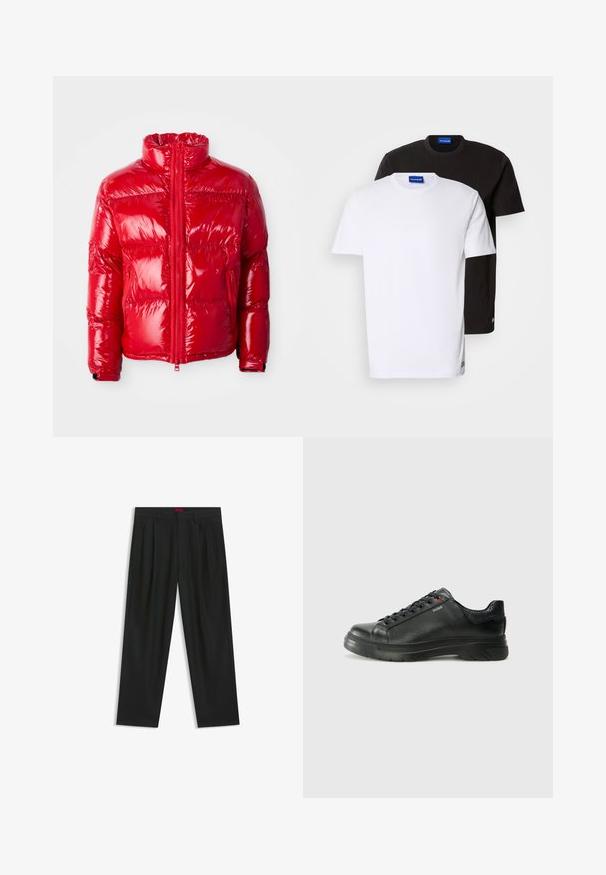 Red puffer jacket made of shiny, quilted material. Features a high collar, front zipper, and zipped pockets. Lightweight with a sleek design.; Two T-shirts stacked: one white and one black. Short sleeves, round necklines, cotton fabric. Features a small blue logo at the neckline.; Black trousers with a pleated design, wide leg shape, and a smooth texture. Features a red waistband tag.; Black leather sneaker with textured upper, padded collar, and red logo detail. Features a thick rubber sole with distinct tread pattern.