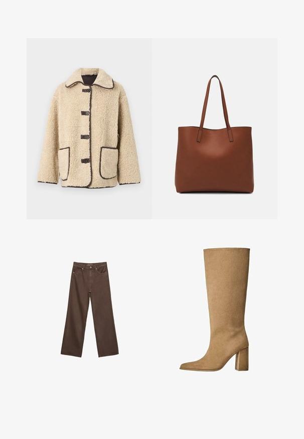 Beige fleecová bunda s límečkem, pěti předními knoflíky a hnědým lemováním. Obsahuje dvě velké boční kapsy.; Černý dlouhý rukáv svetr s kulatým výstřihem, s žebrovanými manžetami a lemem, položený rovně na bílém pozadí.; Hnědé džíny s širokými nohavicemi vyrobené z denimu, s vysokým pasem, předními kapsami a klasickým zapínáním na knoflík. Hladká textura s jemným švem.; Tan semišové kozačky po kolena s blokovým podpatkem, s špičatou špičkou a hladkým povrchem. Minimalistický design bez zdobení.; Hnědá kožená taška přes rameno s hladkou texturou, otevřeným designem a dvěma ramenními popruhy. Obsahuje minimální švy a žádné viditelné kovové prvky.