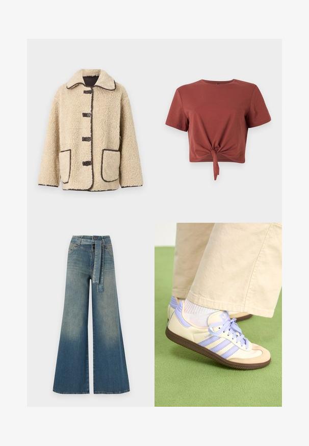 Chaqueta de forro polar beige con un cuello tipo solapa, cinco botones frontales y ribetes marrones. Presenta dos grandes bolsillos laterales.; Camiseta corta de color óxido en suave algodón, con mangas cortas y detalle de nudo en la parte delantera. Textura suave, escote redondo.; Pantalones de mezclilla de pierna ancha con un degradado de azul claro a oscuro, cintura alta, trabillas para cinturón y un cinturón de tela a juego. Acabado de mezclilla texturizada.; Zapatillas de crema y lavanda con tres rayas y una suela marrón texturizada, que cuentan con cordones y un talón acolchado. Parte superior de tela suave.
