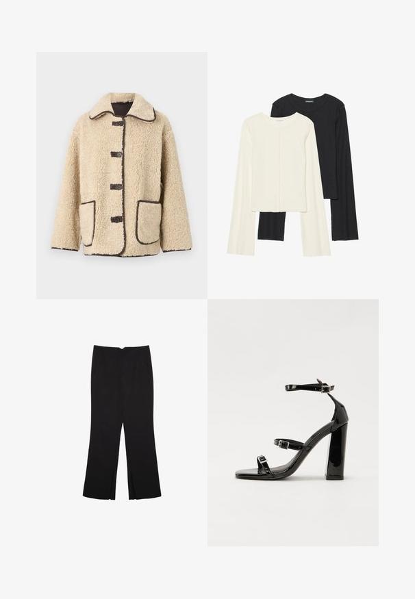 Bežna flis jakna s ovratnikom, petimi sprednjimi gumbi in rjavimi obrobami. Ima dva velika stranska žepa.; Nabor dveh dolgih rokavov v beli in črni barvi. Žameten vzorec, okrogla ovratnica, prilegajoča zasnova z rahlo razširjenimi rokavi.; Črne hlače ravnega kroja z naglavnimi žepi in stranskimi razporki na robu. Narejene iz mehke, gladke tkanine. Primerne za različne priložnosti.; Črne lakirane sandale s peto, kvadratnim prstom, trakovi okrog gležnja in srebrnimi zaponkami. Opremljene so s stabilno Debelo peto.