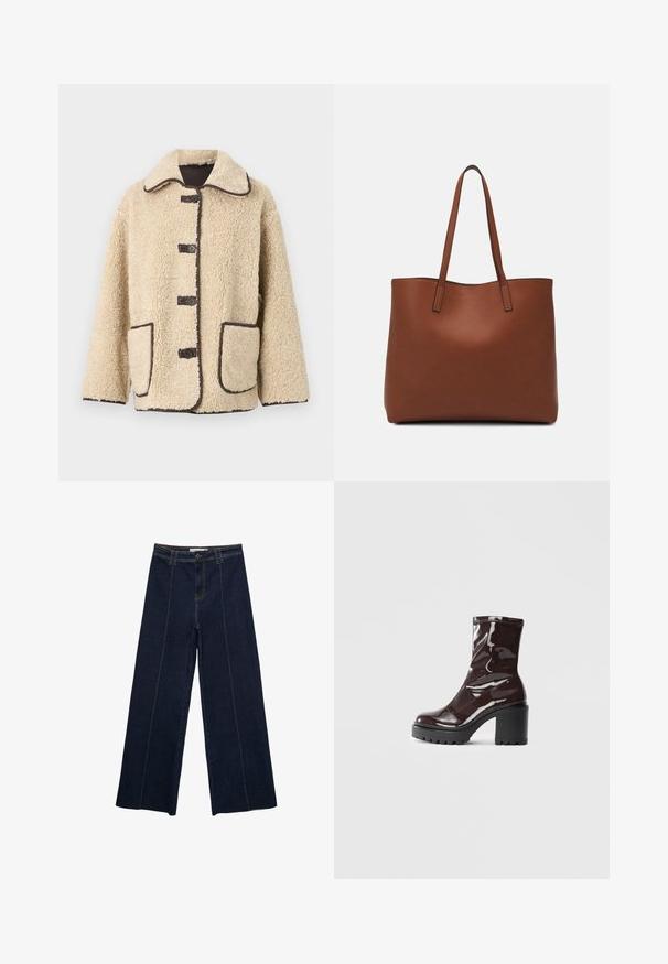 Giacca in pile beige con colletto, cinque bottoni frontali e rifiniture marroni. Presenta due ampie tasche laterali.; Top marrone a maniche lunghe con scollo rotondo. Realizzato in un materiale liscio e elasticizzato, presenta una silhouette aderente e dettagli minimi.; Pantaloni in denim scuro a gamba larga con cuciture a contrasto, vita alta e taglio dritto. Presentano tasche anteriori e una chiusura classica con bottone.; Stivale alla caviglia bordeaux lucido con un tacco spesso nero, caratterizzato da una superficie liscia e un design semplice. Nessuna chiusura visibile o motivo.; Borsa tote in pelle marrone con texture liscia, design con apertura superiore e due spallacci. Presenta cuciture minime e nessun hardware visibile.
