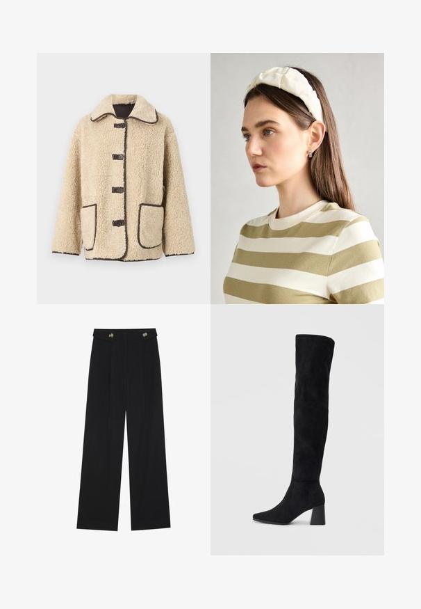 Bežs vilnas žakete ar apkakles dekoltē, pieciem priekšējiem pogām un brūnu apdari. Iekļauj divas lielas sānu kabatas.; Divi ilgiem piedurknēm tops, viens melns un otrs balts, abiem ir kvadrāta izgriezums un tie ir izgatavoti no mīksta, elastīga auduma.; Melnas platās bikses ar augstu jostasvietu, pogu detaļām uz jostas un priekšējām krokām.; Melna zamšāda līdz ceļiem, ar blokveida papēdi, norādītu purngalu un gludu, bezšuvju dizainu uz vienkārša gaiša fona.; Krēma krāsas pildīta galvassega ar uztinuma dizainu, apvienota ar bēša un baltā svītrainā krekla ar apaļu izgriezumu. Smalkas rotaslietas akcenti.