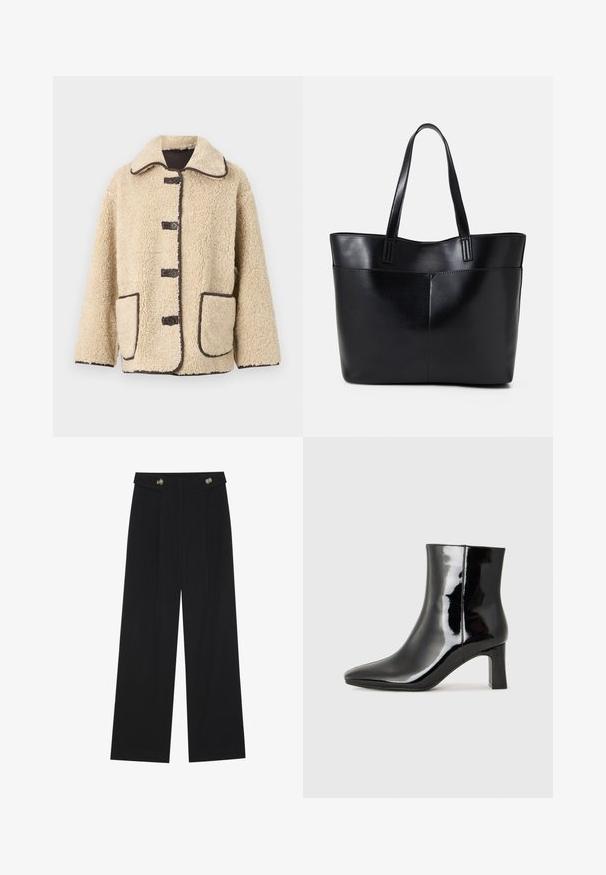 Beige fleecejakke med kragehals, fem frontknapper og brune pipingdetaljer. Har to store sidelommer.; Svart langermet topp med utsvingte mansjetter, myk tekstur og avslappet passform, med enkel rund hals.; Svart vide bukser med høy midje, knappdetaljer på midjebåndet og frontplisser.; Sorte patentlær ankle boot med spiss tå og en mellomhøy blokkhelt. Glatt tekstur og minimalistisk design.; Svart lær toteveske med to lange håndtak, en glatt tekstur og en strukturert form. Har en frontlomme for ekstra oppbevaring.