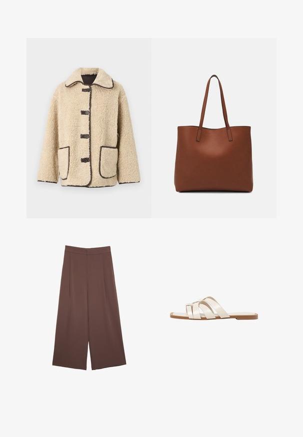 Bež jakna od flisa s ovratnikom, pet prednjih gumba i smeškastim obrubom. Ima dva velika bočna džepa.; Svijetlo bež majica kratkih rukava s okruglim izrezom, izrađena od meke, glatke tkanine. Karakterizira je opušteni kroj i ravni rub.; Smeđe hlače širokog kroja s glatkom teksturom, koje imaju visok struk i nabore sprijeda. Tkanina je lagana i slobodno se kreće.; Ravne sandale s smeškom od gume, dizajnirane s tri preklapajuće bele kožne trake i malim detaljem mašne u sredini.; Smeđa kožna torba preko ramena s glatkom teksturom, otvorenim vrhom i dvjema naramenicama. Ima minimalne šavove i nema vidljivog hardvera.