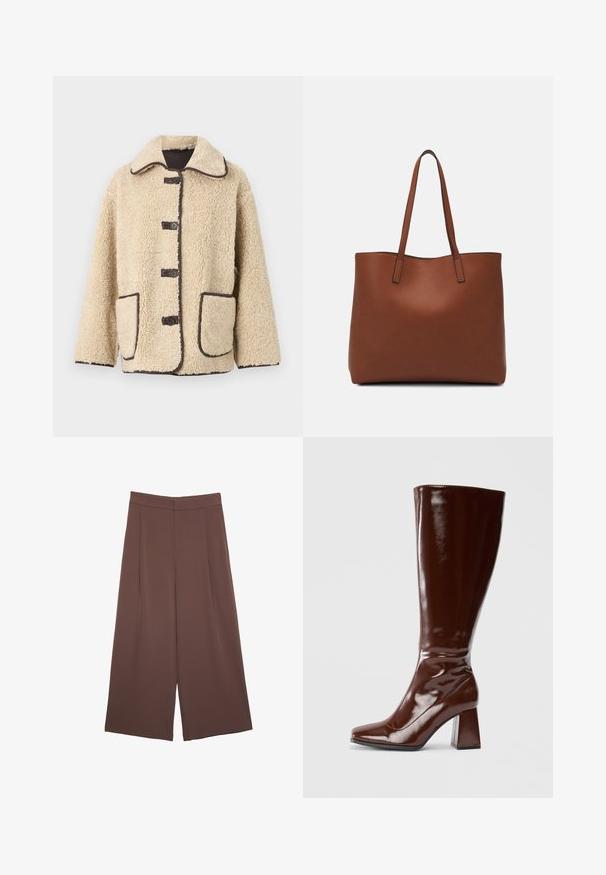 Bež jakna od flisa s ovratnikom, pet prednjih gumba i smeškastim obrubom. Ima dva velika bočna džepa.; Svijetlo bež majica kratkih rukava s okruglim izrezom, izrađena od meke, glatke tkanine. Karakterizira je opušteni kroj i ravni rub.; Smeđe hlače širokog kroja s glatkom teksturom, koje imaju visok struk i nabore sprijeda. Tkanina je lagana i slobodno se kreće.; Bordo lakirane čizme do koljena s kvadratnim vrhom, sjajnom završnom obradom i debelim potplatom za stabilnost. Bez šavova, bez vidljivih dijelova.; Smeđa kožna torba preko ramena s glatkom teksturom, otvorenim vrhom i dvjema naramenicama. Ima minimalne šavove i nema vidljivog hardvera.