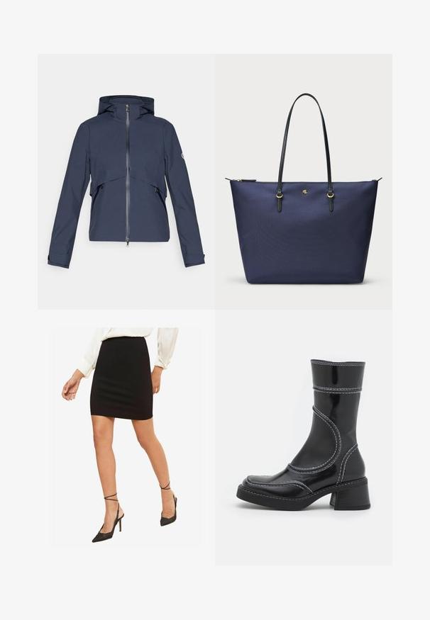 Tumeveesusjakker, millel on tõmblukk ees, reguleeritav kapuuts, elastsed mansetid ja küljetaskud, rinnaosas paneeldisain.; Must have pikkade varrukatega pluus, mis on valmistatud läbipaistvast, venivast kangast. Küljel on kokkurüüping ja ümmargune kaelus.; Mustmust täpset mini-seeliku, sileda kangaga, keskmise kõrgusega vöökoht, koos mustade terava nina ja pahkluu rihmadega kõrgete kontsadega.; Must must pikkade säärega, musta lakknahast jalats, valgete õmblustega, ümarate varvaste ja plokk-kandadega. Omab kõveraid disainijoontesid ja siledat pindmääret.; Tumed sinine kott, mis on valmistatud tekstureeritud kangast, mustade nahkade käepidemete ja kuldsete detailide aksessuaaridega. Ülemine lukuga sulgemine.