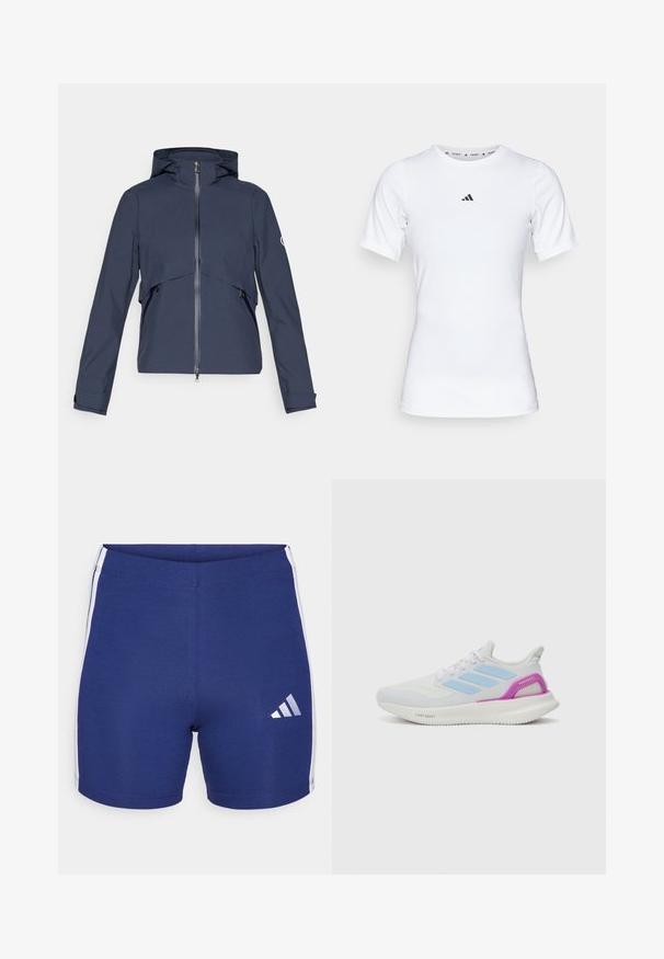 Námorná vodeodolná bunda s predným zipsom, nastaviteľnou kapucňou, elastickými manžetami a bočnými vreckami, s panelovým dizajnom cez hruď.; Biela športová tričko s krátkymi rukávmi, vyrobené z hladkej, elastickej tkaniny. Obsahuje malé čierne logo Adidas na hrudi.; Námorné športové šortky vyrobené z elastického materiálu s bielymi bočnými pruhmi a reflexným logom Adidas na ľavom stehne.; adidas Performance PUREBOOST 5 - Cestná bežecká obuv - white/glow blue/purple burst