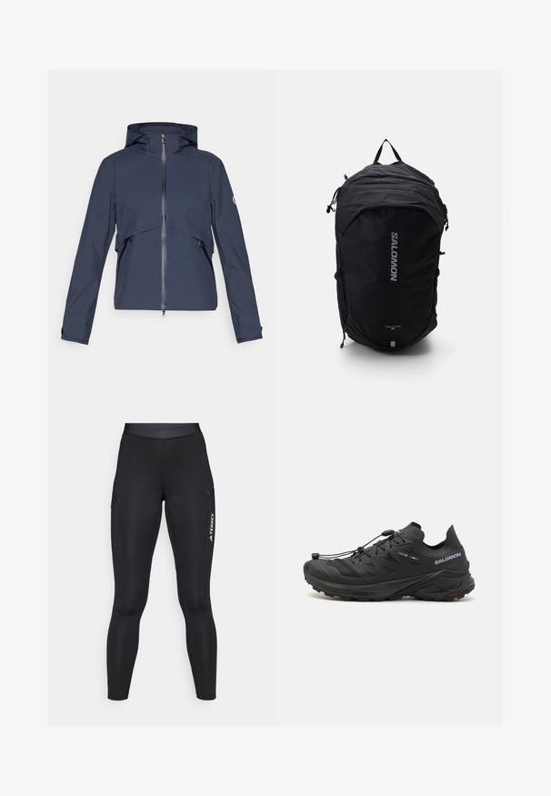 Mornarska vodoodporna jakna z zadrgo spredaj, nastavljivo kapuco, elastičnimi manšeti in stranskimi žepi, s panelejim dizajnom na prsih.; Dolga majica bele barve z dolgimi rokavi in z ovratnikom, s majhnim osrednjim logotipom na prsih, prikazana na enobarvni podlagi.; Črne športne legice z oprijetim dizajnom, narejene iz elastičnega materiala. Imajo stranske žepke in belo oznako "TERREX".; Črne trail tekaške copate z teksturirano zgornjim delom, mrežnimi paneli in varnim sistemom zapenjanja. Imajo robusten podplat za oprijem.; Črn nahrbtnik z elegantno zasnovo, teksturirano tkanino, nastavljivimi naramnicami in izstopajočim srebrnim logotipom "SALOMON" spredaj.