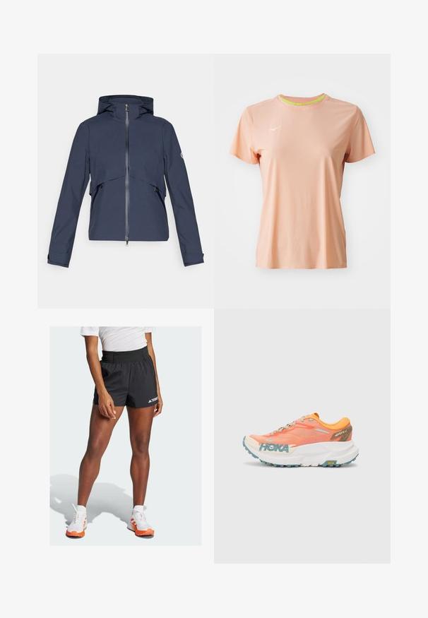 Kék vízálló dzseki, elöl cipzárral, állítható kapucnival, rugalmas mandzsettákkal és oldalsó zsebekkel, mellkason paneles dizájnnal.; Őszibarack színű, rövid ujjú sport póló, slim fit fazonban, kerek nyakkivágással, és világoszöld belső gallérral. Kisméretű fehér logóval rendelkezik.; Fekete sportos rövidnadrág széles derékpánttal, melyen a "TERREX" felirat és az Adidas logó található. Fehér cipővel párosítva, narancssárgás részletekkel.; Narancssárga és rózsaszín futócipő, hálós felsőrésszel, fehér középtalppal, Vibram talppal és világoskék részletekkel. Az oldalán HOKA felirat található.
