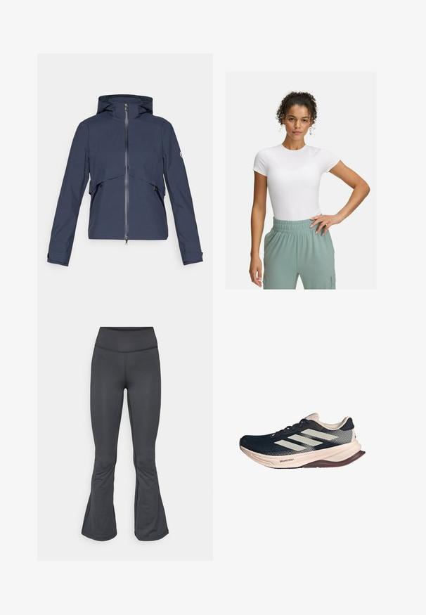 Marineblå vandtæt jakke med lynlås foran, justerbar hætte, elastiske manchetter og sidelommer, samt et paneldesign på brystet.; Hvid tætsiddende t-shirt med korte ærmer, parret med lys grønne bukser med elastisk talje. Glat tekstur, minimalistisk design og ingen synlige mønstre.; Grå leggings med en flagrende bunddesign, lavet af glat, strækbart materiale, med høj talje og sømfri konstruktion.; Løbesko med en mørkeblå mesh-overdel, lys beige sål og hvidt design med tre striber. Har en slank, aerodynamisk form og teksturerede accenter.
