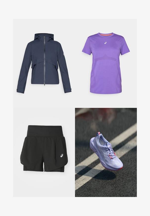 Marinblå vattentät jacka med dragkedja fram, justerbar huva, elastiska ärmslut och sidofickor, med en paneldesign över bröstet.; Lila tränings t-shirt tillverkad av andningsbart tyg. Har rundad halsringning, korta ärmar och ett subtilt tonalt mönster fram.; Svarta sportshorts med ett andningsbart meshöverdrag, innershorts med slät textur och en vit logotyp på vänster sida.; Ljuslila löparsko med en texturerad ovandel, rosa accenter, en rund snörningsmekanism och en fläckig sula, lyft över en asfaltbakgrund.