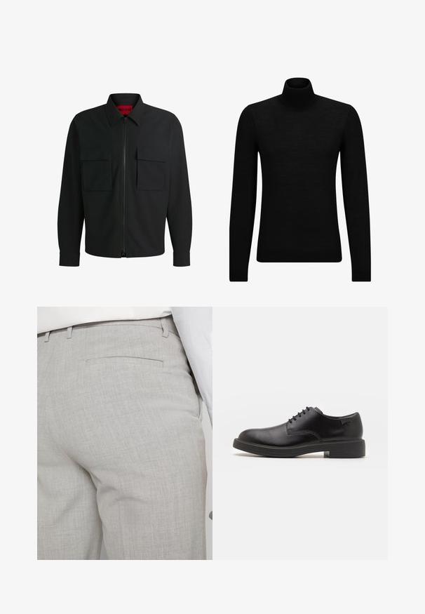 Giacca nera con zip, colletto a punta, due tasche frontali con pattina, tessuto testurizzato e discreto branding "HUGO" sulla tasca.; Maglione a collo alto nero realizzato in materiale morbido, con maniche lunghe e vestibilità aderente. Bordo a coste all'orlo e ai polsini. Design semplice.; Pantaloni sartoriali grigio chiaro realizzati in tessuto strutturato, con una tasca posteriore singola e cuciture pulite.; Scarpa nera in pelle con lacci, punta tonda, texture liscia, cuciture minime e tacco in gomma basso. Logo sul tacco.