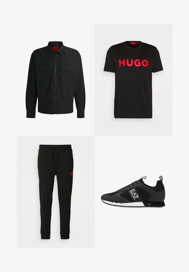 Schwarze Zip-Jacke mit spitzem Kragen, zwei Fronttaschen mit Klappe, strukturiertem Stoff und subtiler "HUGO"-Branding auf der Tasche.; Schwarzes Baumwoll-T-Shirt mit fettem roten "HUGO"-Schriftzug auf der Vorderseite, kurzen Ärmeln, rundem Ausschnitt und lässiger Passform.; Schwarze Sweatpants aus weichem Stoff, mit einem Kordelzugbund, schmaler Passform und einem rotenLOGO-Patch am linken Oberschenkel.; EA7 Emporio Armani Sneaker low - black/white