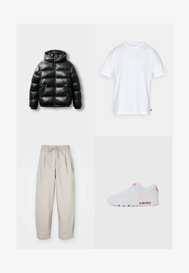 Črna puhovka z sijočo zunanjostjo, kapuco, zadrgo in dvema stranskima žepoma. Ima prešito vzorčenje in elastične manšete.; Bela bomba iz bombaža s kratkimi rokavi in okroglo ovratnikom. Ima majhen, diskreten Nike logotip na prsih in stranski etiket.; Bež hlače iz lahkega materiala z elastičnim pasom in vrvico. Imajo gube in ohlapen kroj, izdelane so iz mehkega, gladkega blaga.; Beli atletski športni copat, ki ima gladko zgornje ploščo, zapiranje na vezalka, oblazinjen podplat in vidno zračno enoto z rdečimi poudarki na blagovni znamki.