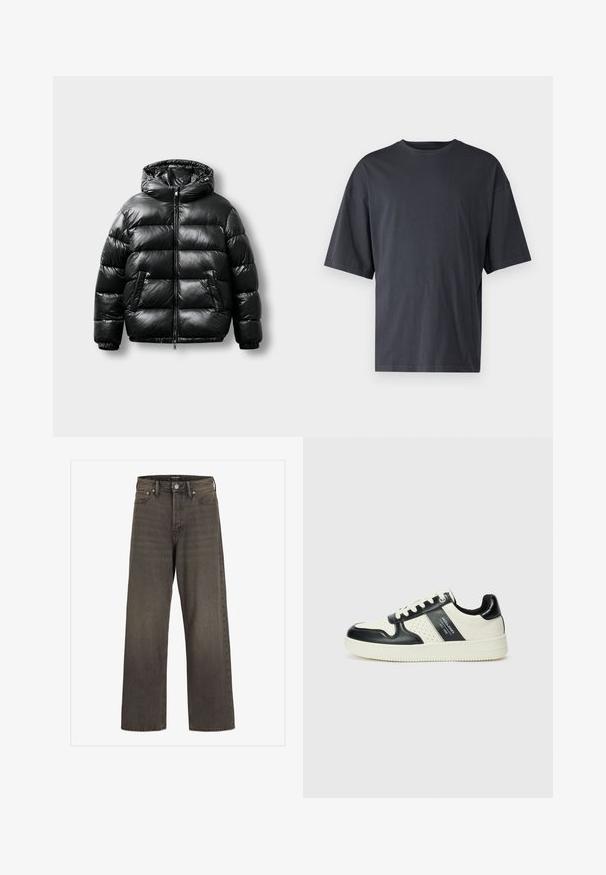 Sort pufferjakke med en skinnende overflade, hætte, lynlåslukning og to sidelommer. Har kviltet mønster og elastiske manchetter.; Mørkegrå kortærmet t-shirt lavet af letvægtsbomuld, med en løs pasform og klassisk rund halsudskæring, uden mønstre og med ensartet tekstur.; Bredde ben jeans i mørkegrå denim med høj talje, klassisk fem-lommer design og kontrasterende syninger langs sømmene.; Lædersneakers i sort og creme farveskema, med perforerede detaljer, en polstret krave og en struktureret ydersål.