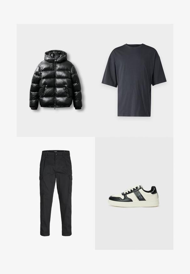 Chaqueta acolchada negra con un exterior brillante, capucha, cierre con cremallera y dos bolsillos laterales. Presenta un patrón acolchado y puños elásticos.; Camiseta de manga corta en gris oscuro, hecha de algodón ligero, con un corte holgado y un cuello redondo clásico, con textura lisa y sin patrones.; Pantalones cargo negros hechos de tela resistente, que cuentan con múltiples bolsillos, un cierre de botón y un diseño de corte slim con piernas ajustadas.; Zapatillas de cuero con un esquema de colores negro y crema, que cuentan con acentos perforados, un collar acolchado y una suela texturizada.