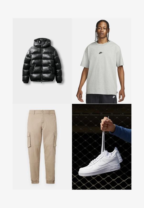 Juodas pūkinis švarkas su blizgiu paviršiumi, gobtuvu, užtrauktuku ir dviem šoninėmis kišenėmis. Yra siuvinėjimo raštas ir elastingi rankogaliai.; Jaunas žmogus su pintomis plaukomis, vilkintis šviesiai pilką Nike marškinėlį ir juodus Nike šortus, priešais vientisą baltą foną.; Bežiniai cargo kelnės iš lengvos medvilnės. Su elastingais užtrauktukais, keliais šoniniais kišenėmis ir mygtukų uždarymu.; Balti odiniai sportiniai bateliai su perforacijomis, apvalia nosimi, plokščiu padu ir storomis raištelėmis, su matomu swoosh logotipu ir "AIR" ant kulno.