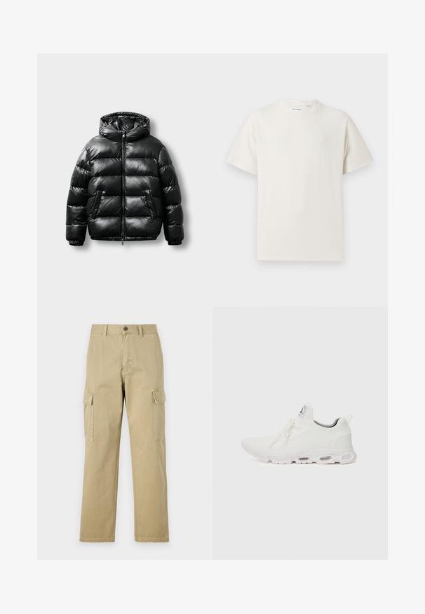 Sort pufferjakke med en skinnende overflade, hætte, lynlåslukning og to sidelommer. Har kviltet mønster og elastiske manchetter.; Hvid kortærmet T-shirt i ribbet tekstur. Rund halsudskæring, løs pasform, ingen synlige mønstre eller accenter. Enkel og alsidig design.; Beige cargo bukser lavet af bomuld, med to sidelommer, knaplukning og lige ben i et let tekstureret stof.; Hvide atletiske sko med en tekstureret strikket overdel, flade snørebånd og en polstret sål med synlige luftkamre for ekstra støtte.