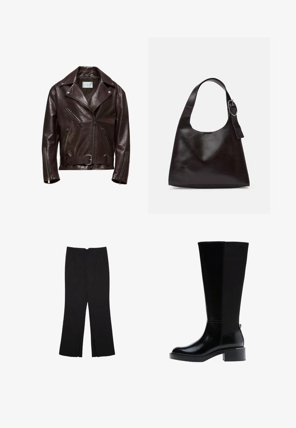 Smeđa kožna motoristička jakna s dvostrukim kopčanjem, patentnim zatvaračima na džepovima i remenom u struku s srebrnom kopčom.; Crna pletena dugoslojna majica sa podloženim ramenima i rebrastim manžetama i rubom, prikazana na bijeloj pozadini.; Crne hlače ravnog kroja, s prednjim džepovima i bočnim prorezima na rubu. Izrađene od mekog i glatkog materijala. Pogodne za razne prigode.; Crna čizma do koljena s glatkom kožnom završnom obradom, istaknutim šavovima, masivnom petom i teksturiranim stražnjim panelom za dodatni interes.; Smeđa kožna torba preko ramena s glatkom teksturom, zaobljenim oblikom, širokim remenom i kružnim metalnim akcentom na ručki.