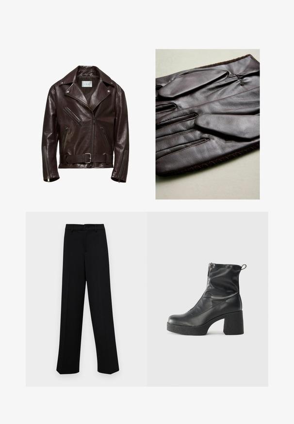 Brūna ādas motocikla jaka ar divpusēju dizainu, ar rāvējslēdzēja kabatām un jostu viduklī ar sudraba sprādzi.; Melnās cropped džemperis ar ribotu augstu apkakli un aprocēm, ar gludu tekstūru un brīvu piegriezumu. Vienkāršs, minimālistisks dizains.; Melnas platajās bikses, kas izgatavotas no gludas auduma, ar klasisku jostu un pogu aizdari, kā arī priekšējām kroku detalizācijām.; Melni potītes zābaki, kas izgatavoti no gludas ādas, ar sānu rāvējslēdzēju, masīvu strukturētu papēdi un noapaļotu purngalu.; Brūni ādas cimdi ar gludu tekstūru, kas sastāv no piecām pirkstiem, elastīgu plaukstas daļu un dekoratīvu šuvumu gar malu.