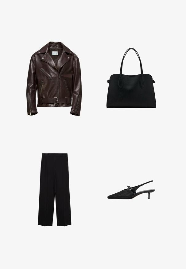 Brun lædermotorcykeljakke med dobbeltbrystet design, lynlåslommer og belagt talje med en sølvspænde.; Brun kortærmet bluse med rund hals, lavet af tekstureret stof. Har et afslappet fit og en let bølget kant. Rent, minimalistisk design.; Sorte brede bukser med en glat stof, der har folder foran og sidelommer, designet med en lige, afslappet pasform.; Sorte slingback hæle med spidse tæer, tekstureret mesh-overdel, slank justerbar rem med sølvspænde og 5 cm stilettohæle.; Sort læderhåndtaske med dobbelte skulderremme, rektangulær form og minimalistisk design på en hvid baggrund.