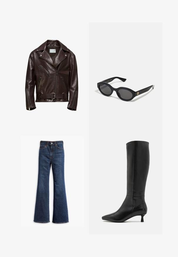 Brun lædermotorcykeljakke med dobbeltbrystet design, lynlåslommer og belagt talje med en sølvspænde.; Simpel hvid langærmet skjorte, rund hals, vist fra ryggen, lagt fladt på en hvid baggrund.; Højtaljede mørkeblå denim jeans med udvidede ben, frontknap og lynlås lukning, samt fem-lommer design.; Zign Høje støvler/ Støvler - black; Sorte ovale solbriller med mørke linser og blank plastramme. Har et guldlogo på stykket, hvilket giver et slankt og moderne design.
