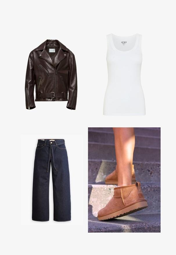 Ruskea nahkainen moottoripyöräjakku, jossa on kaksirivinen muotoilu, vetoketjulliset taskut ja vyöllä, jossa on hopeinen solki.; Valkoinen tanktoppi, joka on valmistettu sileästä kankaasta. Siinä on pyöreä kaula-aukko ja leveät hihnat. Hieman sovitettu muotoilu, jossa ei ole näkyviä kuvioita tai koristeluja.; Korkeavyötäröiset tummansiniset leveälahkeiset farkut, joissa on narunauhakuja, viisi taskua ja kontrastiväriset ompeluseikat.; Kahdenruskeat mokkanahkaiset nilkkurit, joissa on pehmeä pinta, kirjailtua yksityiskohtaa ja kumipohja. Kengissä on myös kätevä lenkki kantapäässä, joka helpottaa pukemista.