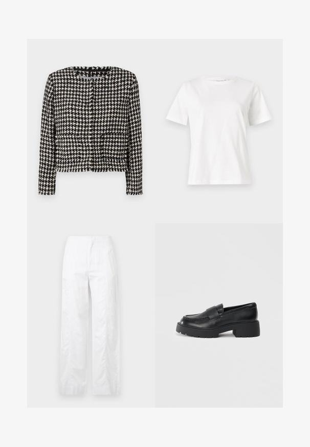 Jachetă cu model houndstooth alb-negru, cu un design scurt, guler dreptunghiular și detalii din franjuri pe margini. Dispune de două buzunare frontale.; Tricou alb din bumbac cu mâneci scurte, guler rotund și o croială relaxată. Textură netedă, fără imprimeuri sau accente, design minimalist.; Pantaloni albi cu croială largă, fabricați dintr-un material ușor, având o textură netedă, linii curate și un design cu talie înaltă.; Mocasiini din piele neagră, cu o finisare texturată, având o curea rectangulară peste partea superioară și un design chunky, cu talpă zimțată.