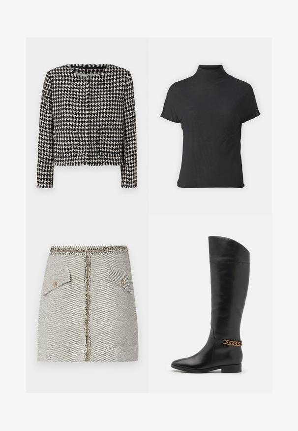 Chaqueta de houndstooth en blanco y negro con un diseño cropped, cuello enmarcado y detalles de flecos a lo largo de los bordes. Cuenta con dos bolsillos frontales.; Top negro de manga corta y cuello alto, hecho de una tela ligera con una textura suave y una forma ajustada, que presenta un escote alto.; Falda de tweed tejido en un patrón de espiga blanco y negro, presenta dos bolsillos frontales y una cremallera en tono dorado en la parte trasera con bordes deshilachados.; Botas altas de cuero negro con un diseño elegante, punta afilada y un acento de cadena dorada en el tobillo. Tacón bajo tipo bloque. Textura suave.
