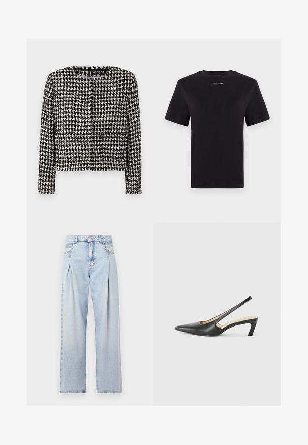 Črna in bela houndstooth jakna s kratkim dizajnom, okviščenim ovratnikom in resicami ob robovih. Ima dve sprednji žep.; Črna bombažna majica s kratkimi rokavi, okroglim izrezom in majhnim belim logotipom "Calvin Klein" na prsih. Gladka tekstura, klasičen kroj.; Svjetloplave traperice visoko struka, širokog kroja, s dva bočna djepa i naboranim dizajnom. Mekana tekstura s izblijedjelim završetkom.; Črne čevlje s koničastimi nosovi in slingback obliko z nizko peto, izdelane iz gladke usnjene materiale ter s črtasto zasnovo na strani za prezračevanje.