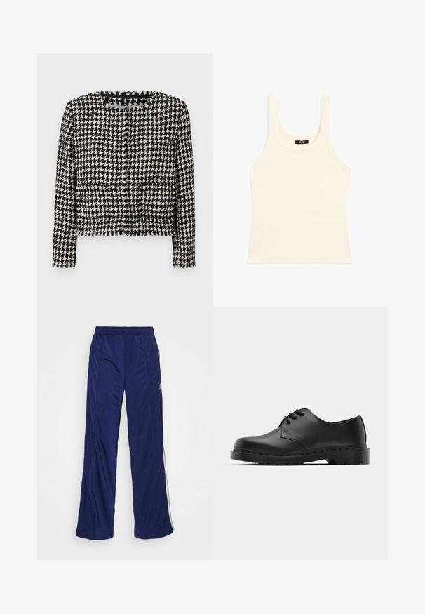 Sort-hvid houndstooth-jakke med et cropped design, indrammet halsudskæring og frynse-detaljer langs kanterne. Har to forlommer.; Lys beige tanktop lavet af ribbet stof, med rund halsudskæring og brede stropper, i en tætsiddende pasform og minimal pynt.; Marineblå træningsbukser med elastisk talje, lige ben og sidelommer med lynlås. Har hvid piping langs siderne. Glat stofstruktur.; Sorte læder oxford-sko med snørebåndsdesign, rund tå, flad gummisål og subtil syning langs overdelen.