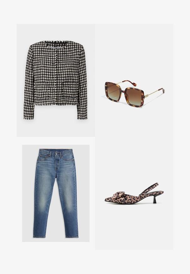 Czarna i biała marynarka w wzór houndstooth o skróconym kroju, z ramowym dekoltem i frędzlami wzdłuż krawędzi. Posiada dwie kieszenie z przodu.; Biały body z kwadratowym dekoltem, bez rękawów, gładką fakturą i zapięciem na napy na dole. Prosty i minimalistyczny styl.; Jasnoniebieskie dżinsy o prostym kroju, pięć kieszeni, zapięcie na guziki i subtelne przetarcia na udach. Widoczny kontrastowy szew.; Sandały na obcasie z noskiem w kształcie szpica, wykonane z materiału w panterkę, z ozdobną kokardą, z niskim czarnym obcasem i gładką teksturą.; Brązowe okulary przeciwsłoneczne w kształcie kwadratu, z gradientowymi soczewkami i złotymi metalowymi akcentami na zausznikach i ramionach. Teksturowana powierzchnia.