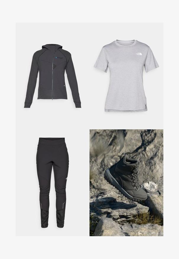 Sötétszürke zipzáras kapucnis pulóver, texturált anyagból, kontrasztos hálós elemekkel, kapucnival és egy kicsi kék logóval a mellrészen.; Szürke, rövid ujjú póló, puha, nedvességet elvezető anyagból készült. Kerek nyakú, és egy kis fehér logó található a bal felső részen.; Fekete kültéri nadrág, amelyek testhez álló szabással, tartós anyaggal, fényvisszaverő részletekkel és panel varrásokkal rendelkeznek a mozgás szabadságának és a kényelem fokozása érdekében.; Sötétszürke túrázócipő szintetikus anyagból, párnázott gallérral, fém fűzőlyukakkal és bordázott gumitalppal a tapadásért.