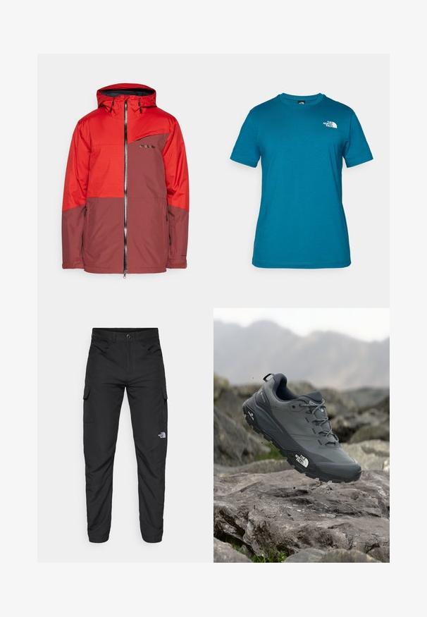 Sarkans un brūns ūdensnecaurlaidīgs jaciņš ar kapuci, ar rāvējslēdzēju priekšpusē, krūšu kabatu un teksturētām piedurknēm. Priekšpusē ir zīmola logo.; Tirkīza krāsa īsām piedurknēm T-kreklam, kas izgatavots no mīksta kokvilnas, ar baltu logo, kas drukāts kreisajā krūšu pusē, un klasisku apaļu kakla dizainu.; The North Face HORIZON PANT - Āra bikses - black; Pelēki skrējēju apavi ar teksturētu virsu, izturīgu gumijas zoli un pastiprinātu pirkstu daļu. Iekļauj šņores un zīmola logo sānos.