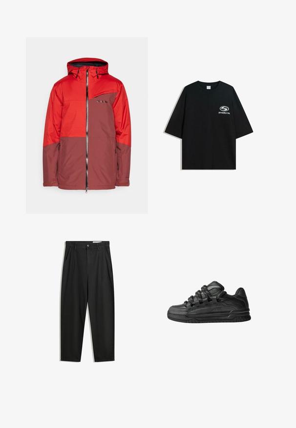 Rode en bruine waterdichte jas met een capuchon, ritssluiting aan de voorkant, borstzak en gestructureerde mouwen. Voorzien van het merklogo op de voorkant.; Zwarte oversized katoenen t-shirt met een ronde halslijn en korte mouwen, met een witte "Shibuya" logo gedrukt op de voorkant.; Zwarte katoenen broeken met een losse pasvorm, voorzien van een klassieke tailleband, voorplooien en zijzakken. Gladde structuur zonder patronen.; Zwarte sneakers met een glad leren bovenwerk, gearceerde accenten en ronde zwart-witte veters. Dikke rubberen zool met een geprofileerd loopvlak.