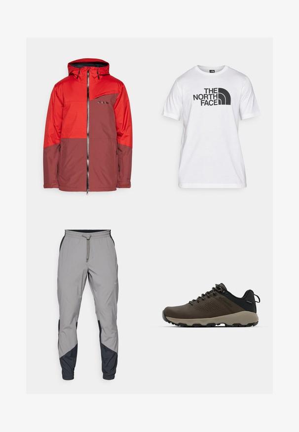 Punane ja pruun veekindel jope kapuutsiga, tõmblukuga ees, rinna tasku ja tekstuuriga varrukad. Ees on brändi logo.; Valge puuvillane T-särk, millel on must graafiline trükk koos tekstiga ja kaarekujundusega logo. Ümmargune kaelus ja lühikesed varrukad. Ükslaineline tekstuur.; Kergedatud hallid sportlikud püksid mustade aktsentidega. Elastne vöökoht, stringiga sulgemine, kitsenev jala disain ja küljetaskud.; Kohandatud veekindlad pruunid spordijalatsid tekstuuriga pealisega, perforatsioonidega detailid, must kandetoetav osa ja hall kummine sisetald. Paelad on metallist otstega.