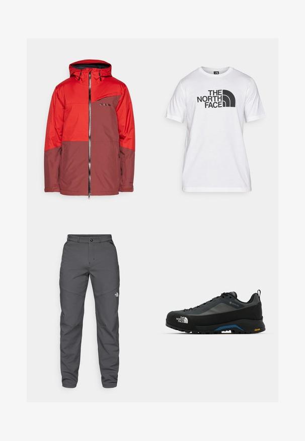 Red and brown waterproof jacket with a hood, zippered front, chest pocket, and textured sleeves. Features brand logo on the front.; White cotton t-shirt featuring a black graphic print with text and a curved logo design. Round neckline and short sleeves. Plain texture.; Gray outdoor pants made of a durable fabric, featuring a button closure, belt loops, and a logo near the lower leg.; The North Face VERTO ALPINE GORE TEX - Hiking shoes - asphalt grey/tnf black