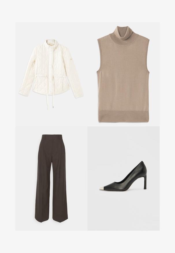 Chaqueta acolchada de color crema con un cuello alto, cintura ajustable con cordón y un acento de logo en la manga izquierda. Textura suave.; Suéter sin mangas de punto color beige con cuello alto de canalé, sisas y dobladillo, dispuesto sobre un fondo blanco.; Pantalones de pierna ancha de color marrón oscuro con cintura alta, que presentan pliegues bien marcados, una textura suave y un ajuste a medida.; Zapato de tacón alto de cuero negro con punta en forma de pico y una tapa metálica plateada. Presenta un acabado suave y un tacón delgado de 10 cm.