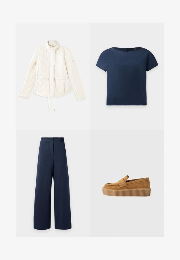 Giacca trapuntata color crema con colletto alto, vita regolabile con coulisse e una spilla con logo sulla manica sinistra. Texture liscia.; Top corto a maniche corte blu navy, scollo rotondo, tessuto morbido, vestibilità rilassata, con una chiusura sul retro discreta e minimi dettagli di cucitura.; Pantaloni a gamba larga blu navy realizzati in tessuto morbido, con vita alta, due bottoni anteriori, due tasche laterali e orli dritti.; Mocassino in suede marrone con punta rotonda, dotato di suola a piattaforma rigata e una fascia decorativa sulla parte superiore.