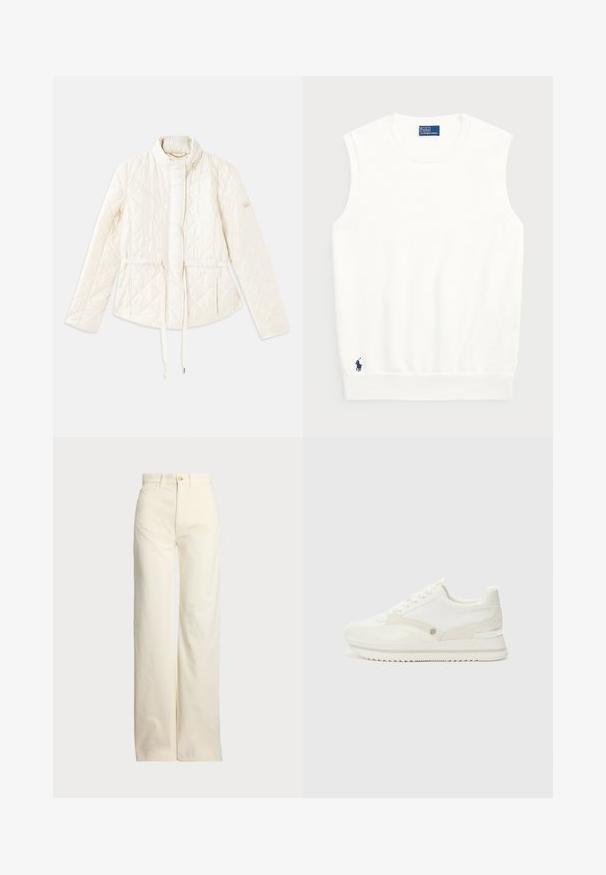 Quilted, cream-colored jacket with a high collar, adjustable drawstring waist, and a logo accent on the left sleeve. Smooth texture.; White sleeveless sweater made of smooth cotton, featuring a ribbed hem and a small navy logo on the bottom left. Simple design, no patterns.; Polo Ralph Lauren COTTON CORDUROY WIDE-LEG PANT - Trousers - warm white; White sneakers with a mix of smooth and textured materials, featuring a subtle logo, lace-up design, and zigzag sole.